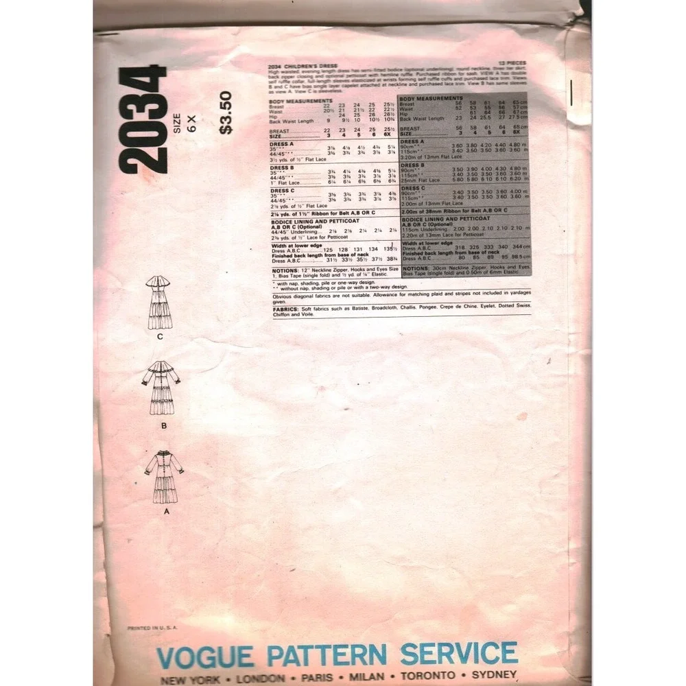 Vintage Little Vogue 2034 Childrens Dress Sewing Pattern Size 6X Prairie Ruffle